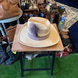 Cowboy vintage straw hat with brown feathers